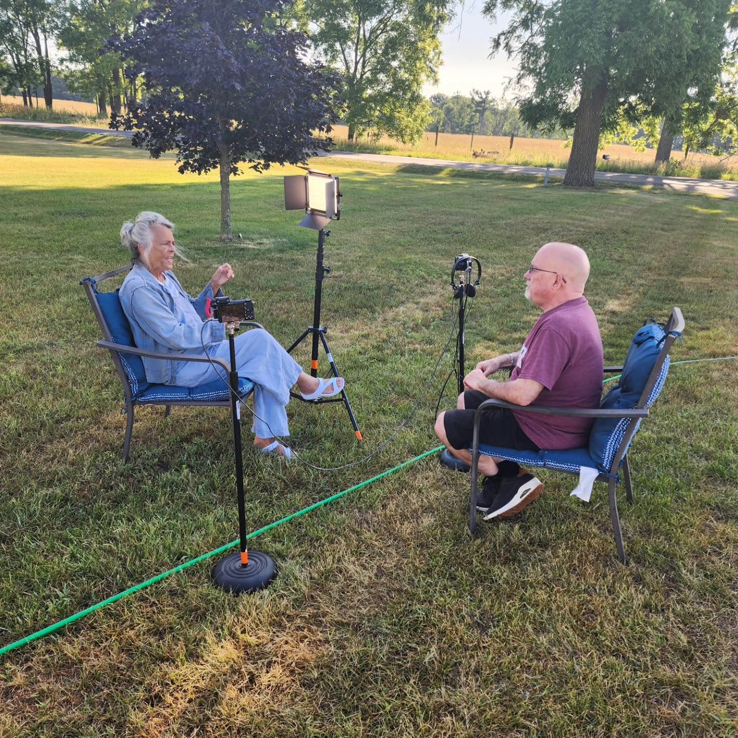 Duane Weed recording an outdoor interview for Chatting Local
